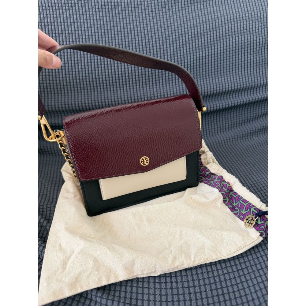 Tory Burch Robinson Colorblock Convertible Shoulder Bag - Burgundy Black -NEW